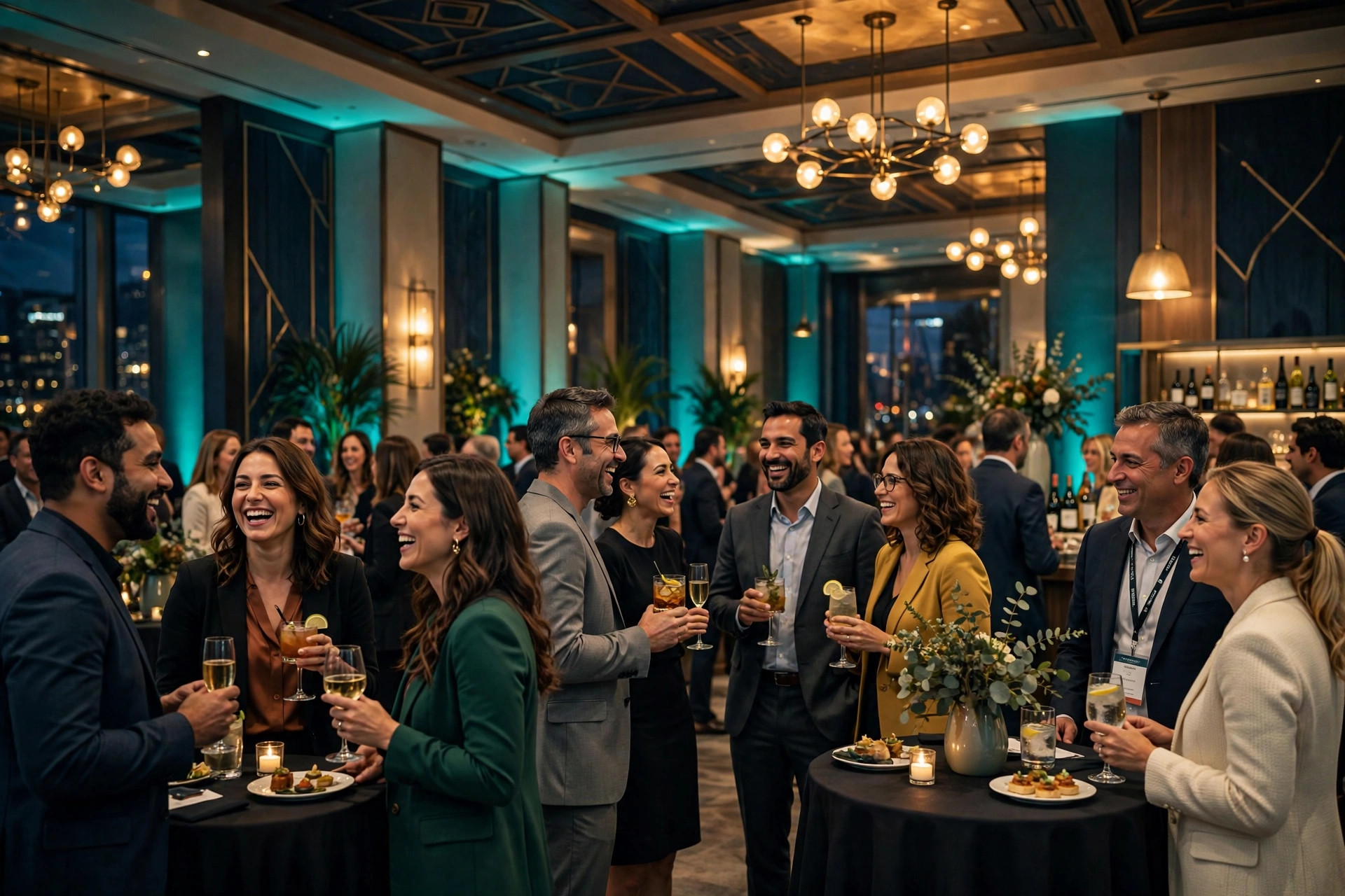 Conference attendees mingling at an evening reception