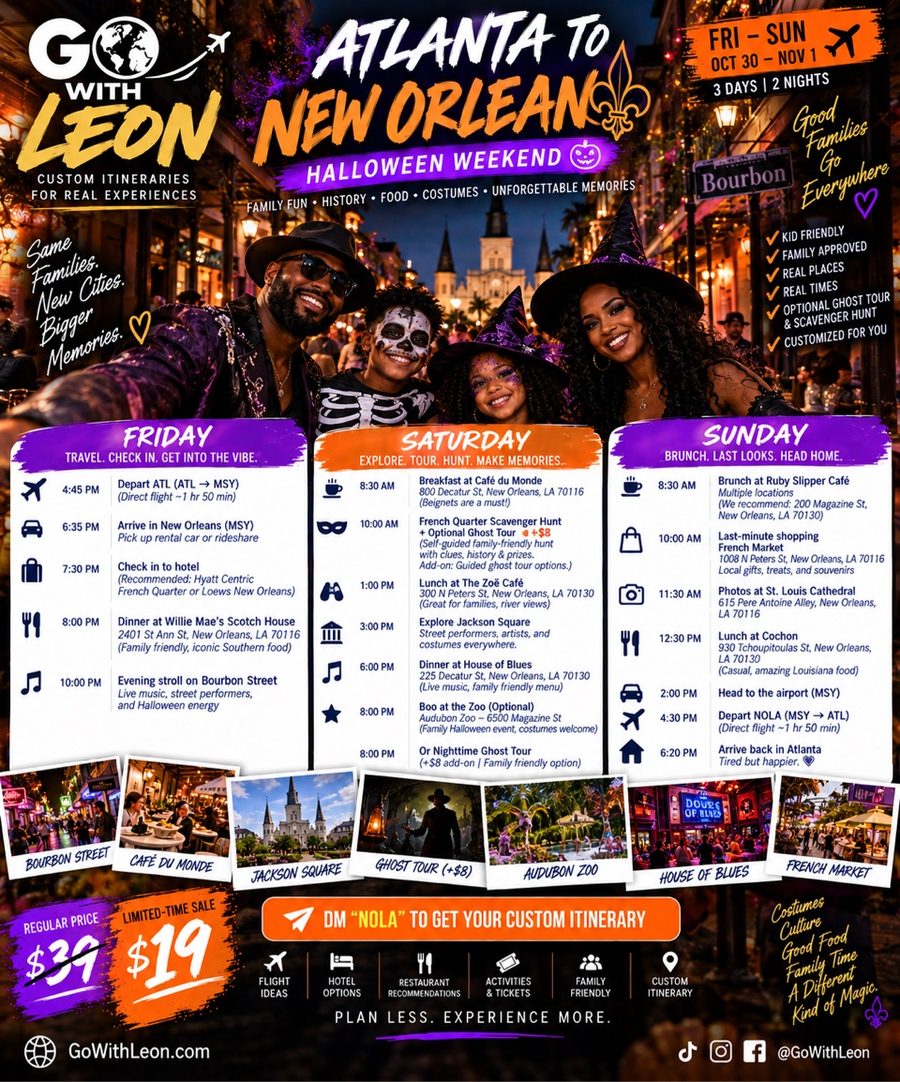 Go With Leon NOLA Halloween weekend itinerary flyer, New Orleans, Oct 30 to Nov 1