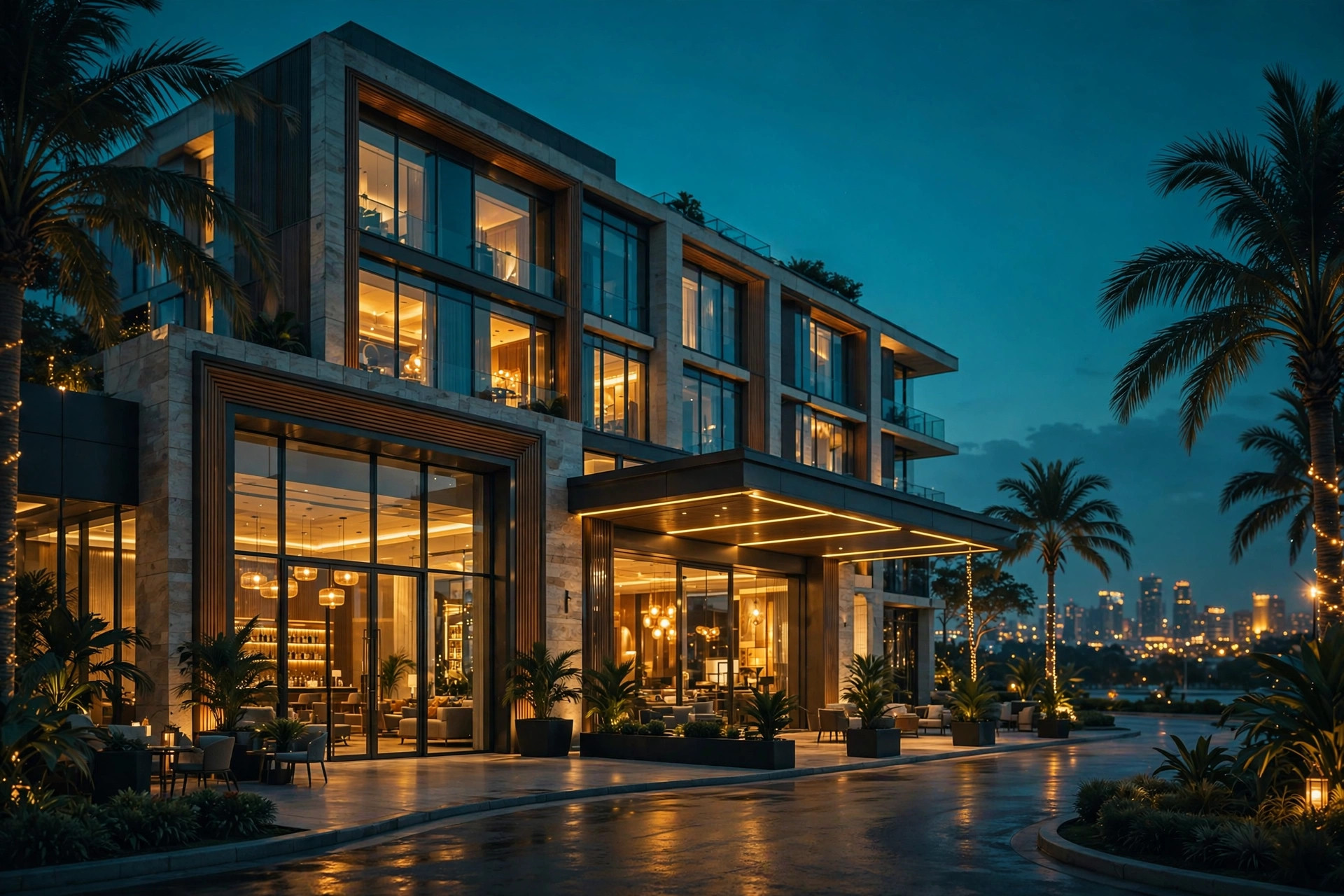 Stylish hotel glowing at dusk