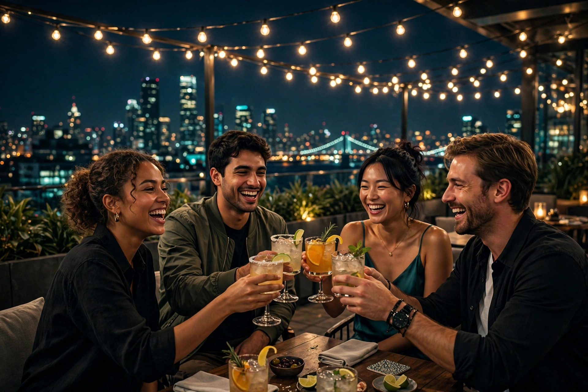Friends toasting cocktails at a rooftop bar at night